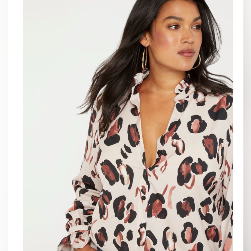 Eloquii Printed Button Down Shirt with Ruffle Neck size 22